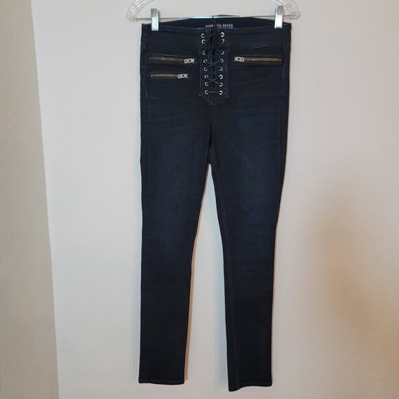 Veronica Beard Jeans Denim Sz 27 Lita 10" Moto Lace Up Made in USA Skinny Dark - Picture 3 of 13